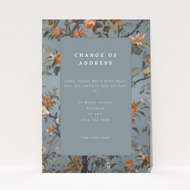 Change of address card with floral background in blue and orange, no photos.