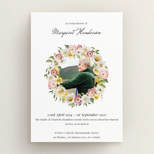 Floral funeral announcement card design with one photo placeholder.