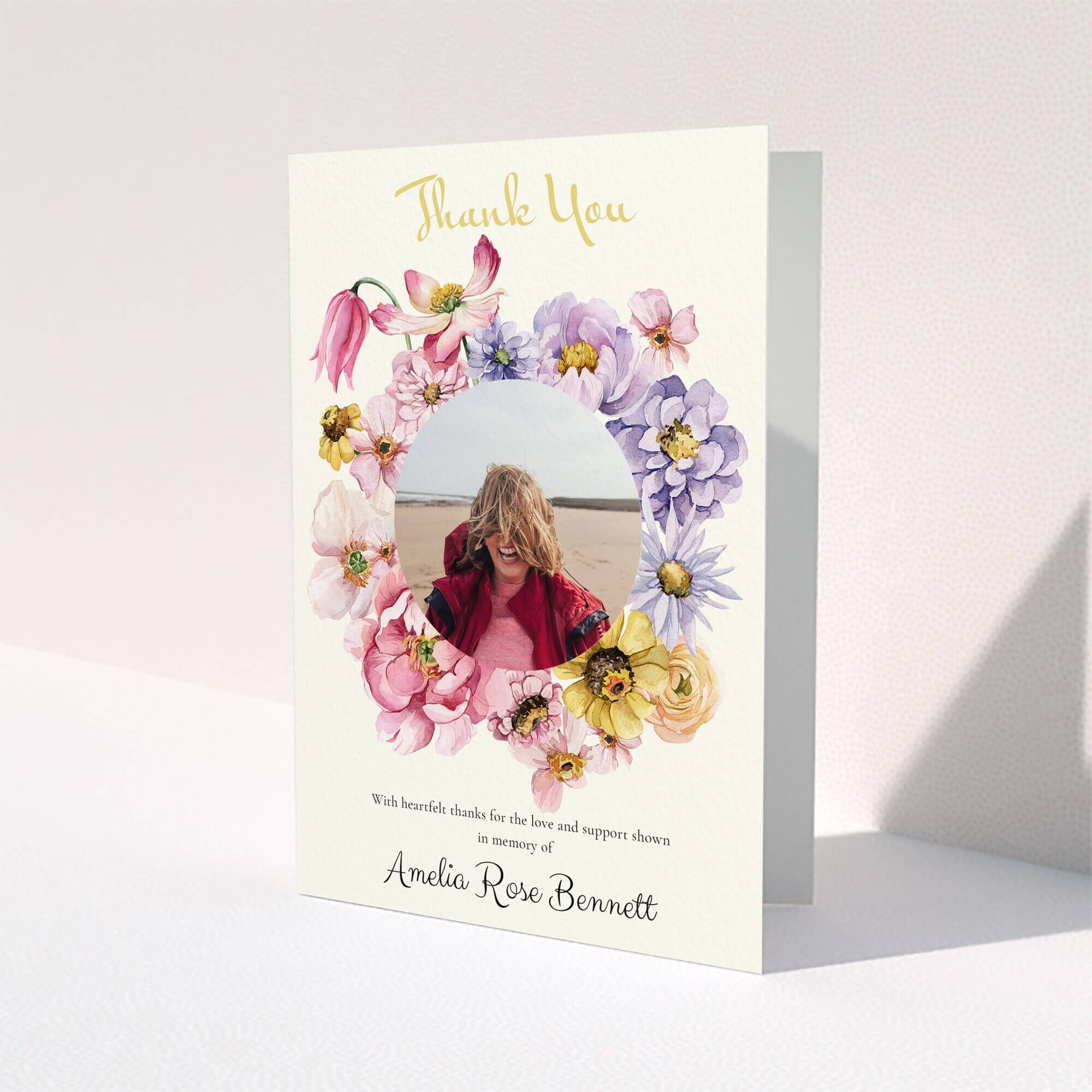 Floral funeral thank you card design with one photo placeholder.