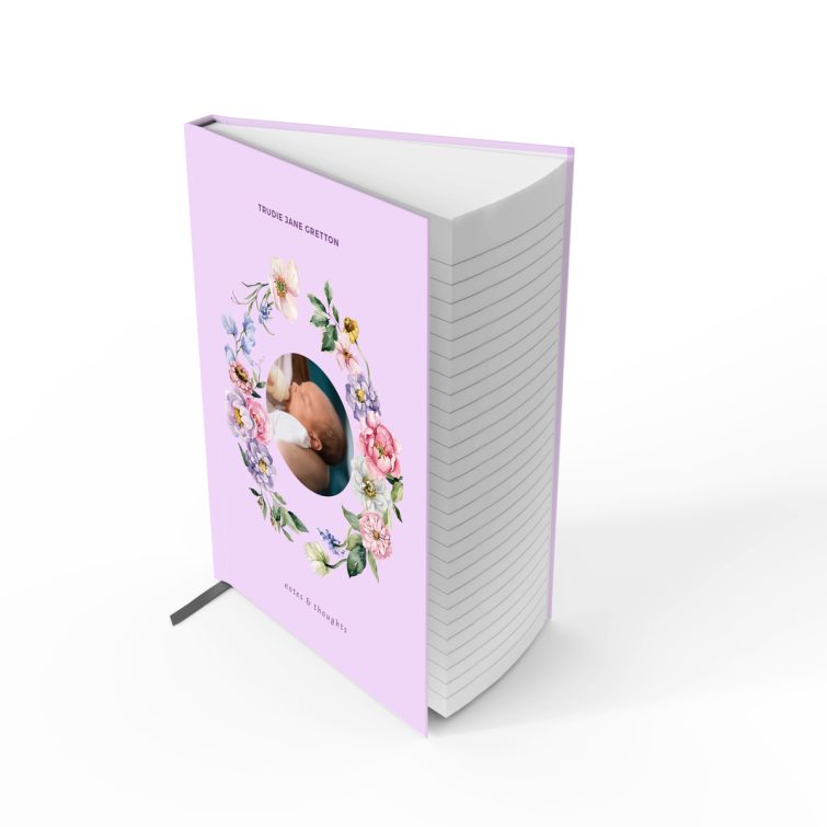 Floral design personalised notebook with one photo on lavender background by Utterly Printable