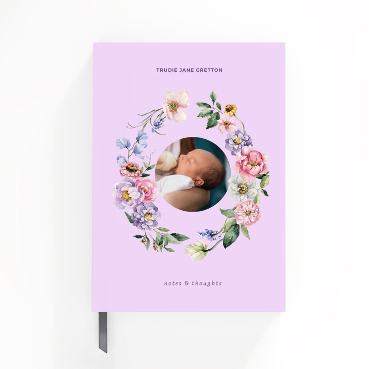 Floral design personalised notebook with one photo on lavender background by Utterly Printable