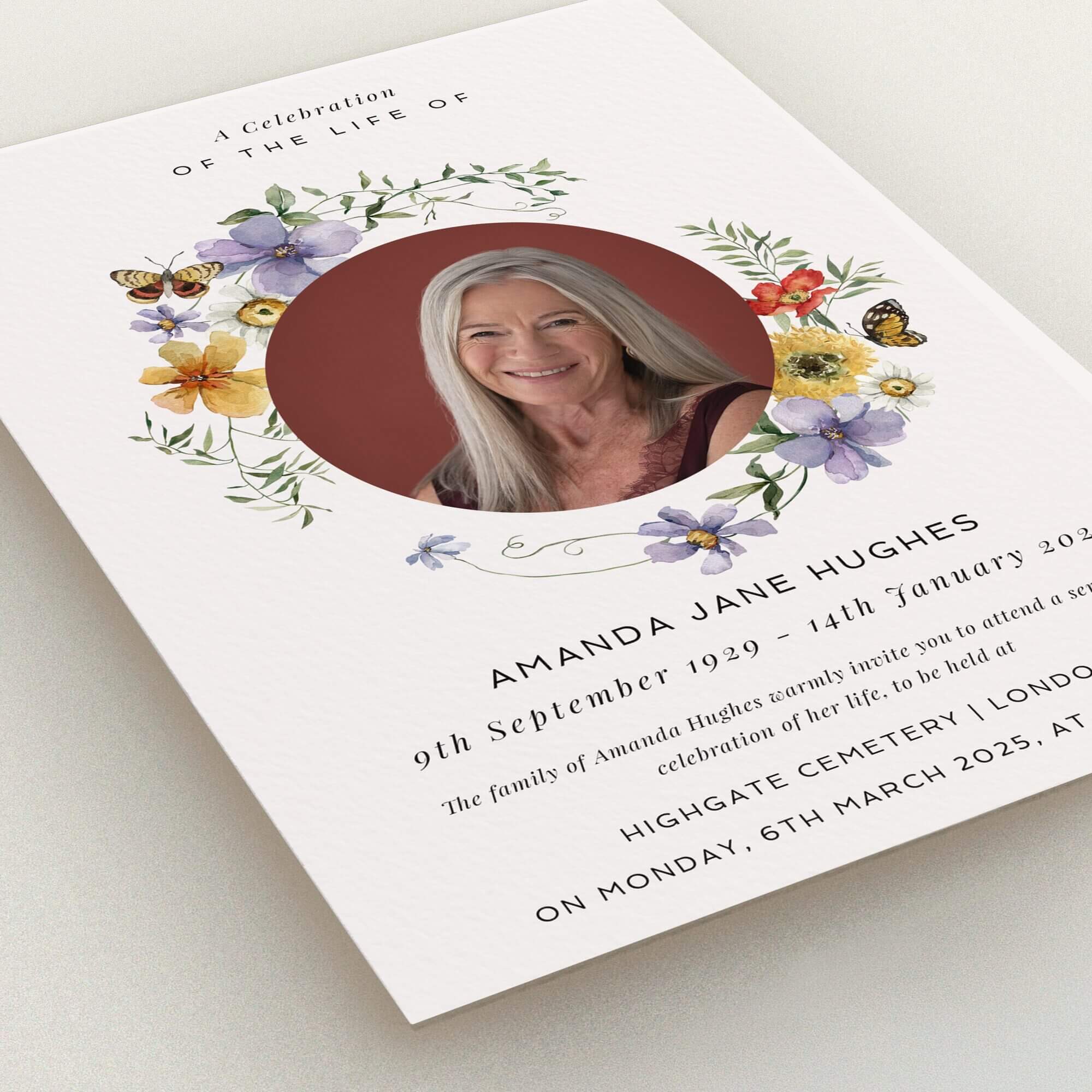 Floral funeral announcement design with one photo for celebration of life.