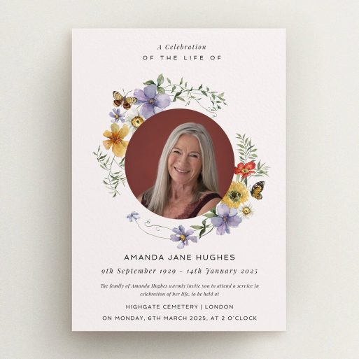 Floral funeral announcement design with one photo for celebration of life.