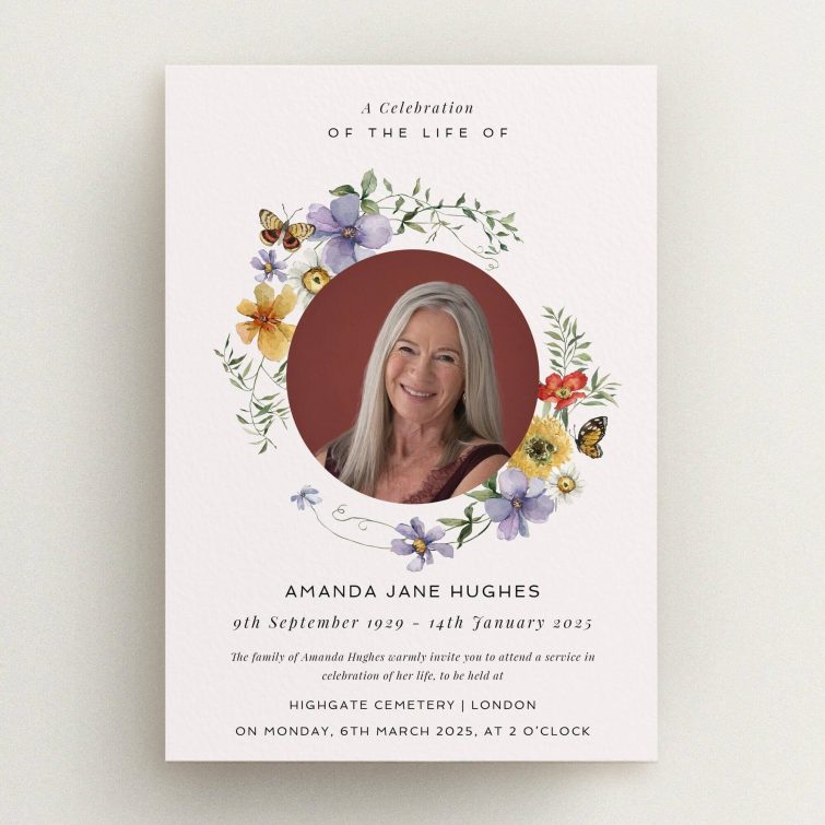 Floral funeral announcement design with one photo for celebration of life.