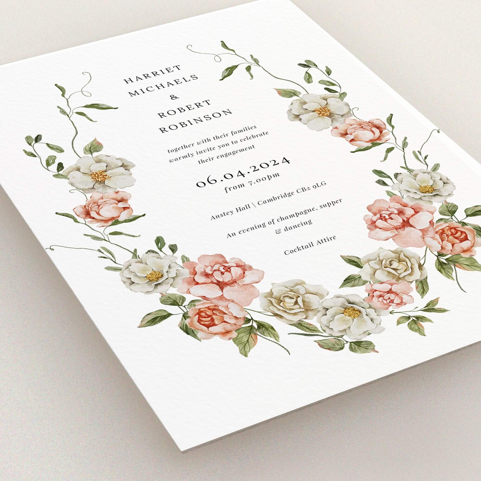Floral engagement party invitations with elegant design and botanical accents, featuring zero photos.