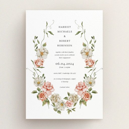 Floral engagement party invitations with elegant design and botanical accents, featuring zero photos.
