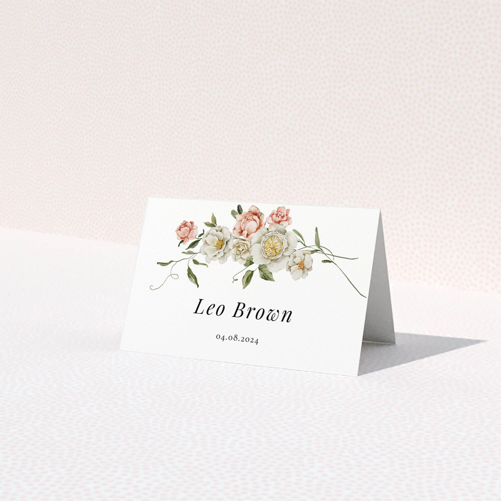 Floral wedding table place card with elegant design featuring two photos of flowers.