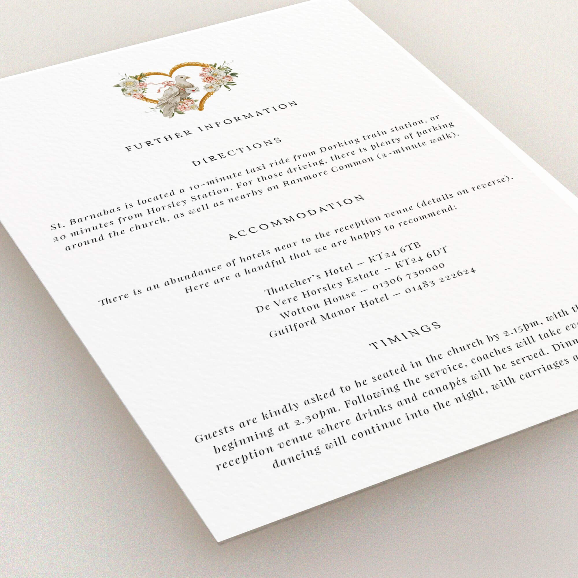 Wedding information card design with heart-shaped floral and bird illustration.