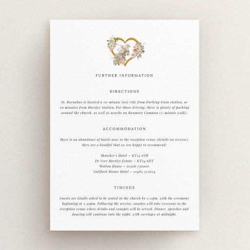 Wedding information card design with heart-shaped floral and bird illustration.