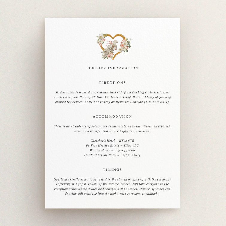 Wedding information card design with heart-shaped floral and bird illustration.