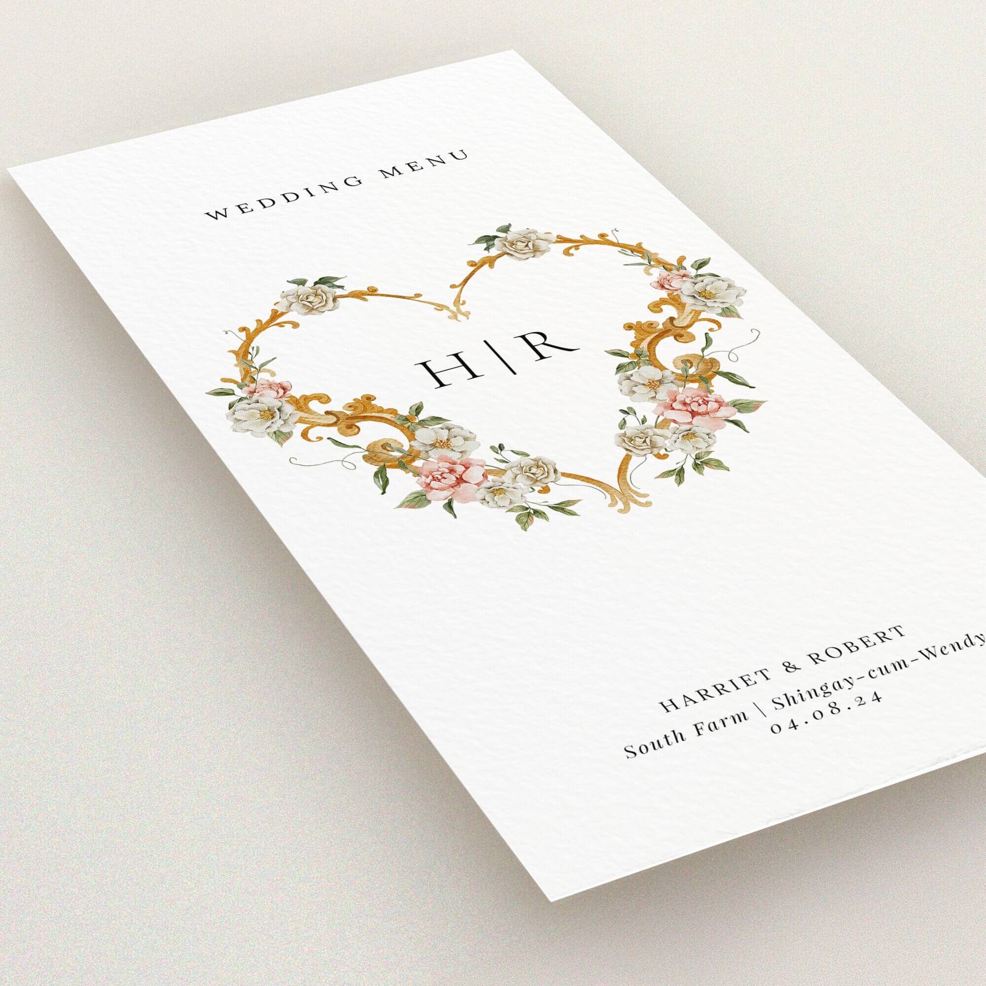 Floral heart design wedding menu card with monogram and no photos
