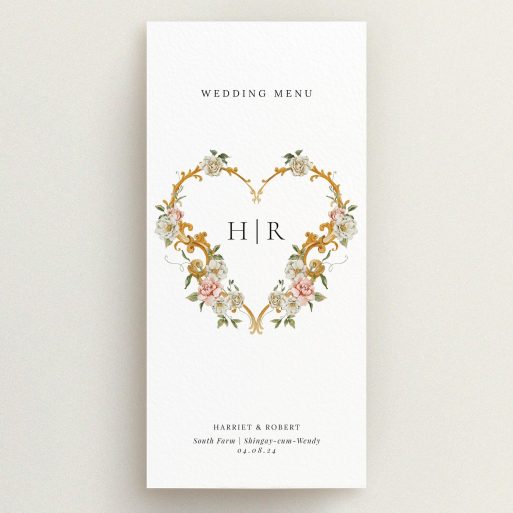 Floral heart design wedding menu card with monogram and no photos
