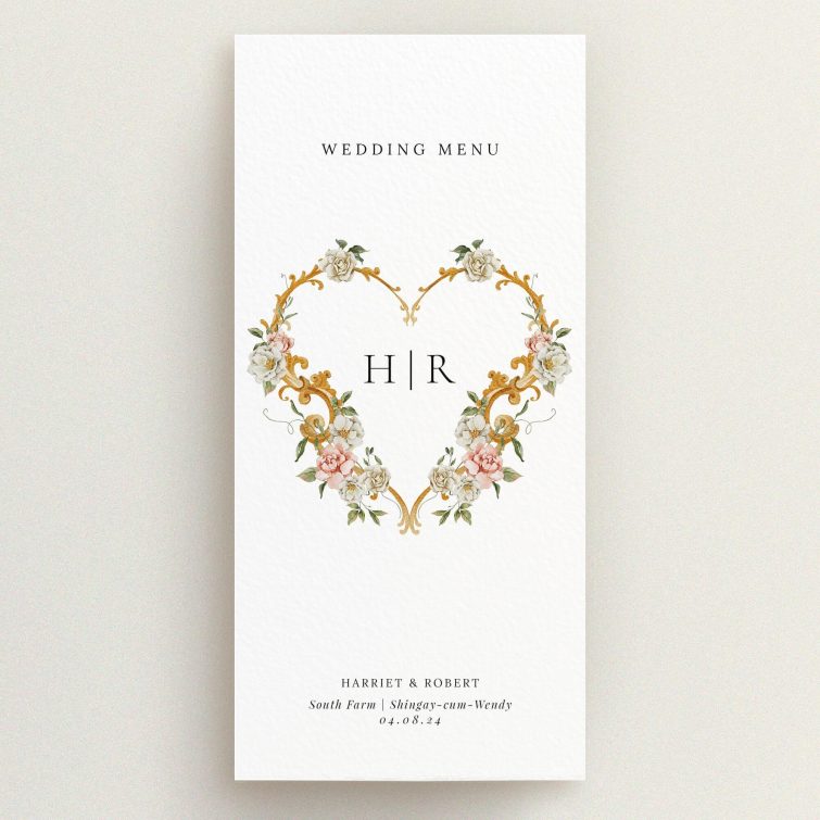Floral heart design wedding menu card with monogram and no photos