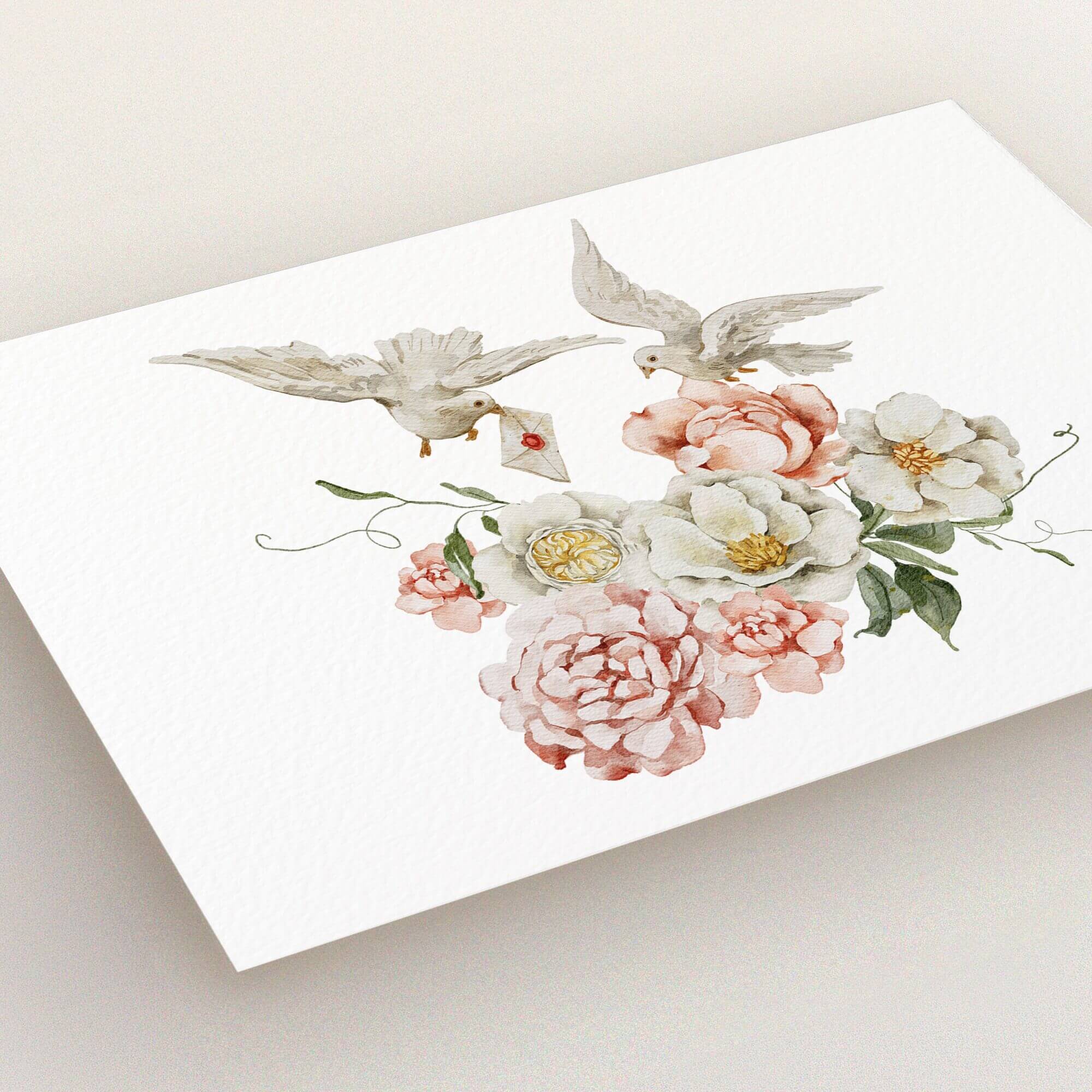 Floral wedding RSVP card design with doves carrying a letter and six decorative flowers.