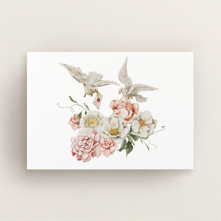 Floral wedding RSVP card design with doves carrying a letter and six decorative flowers.
