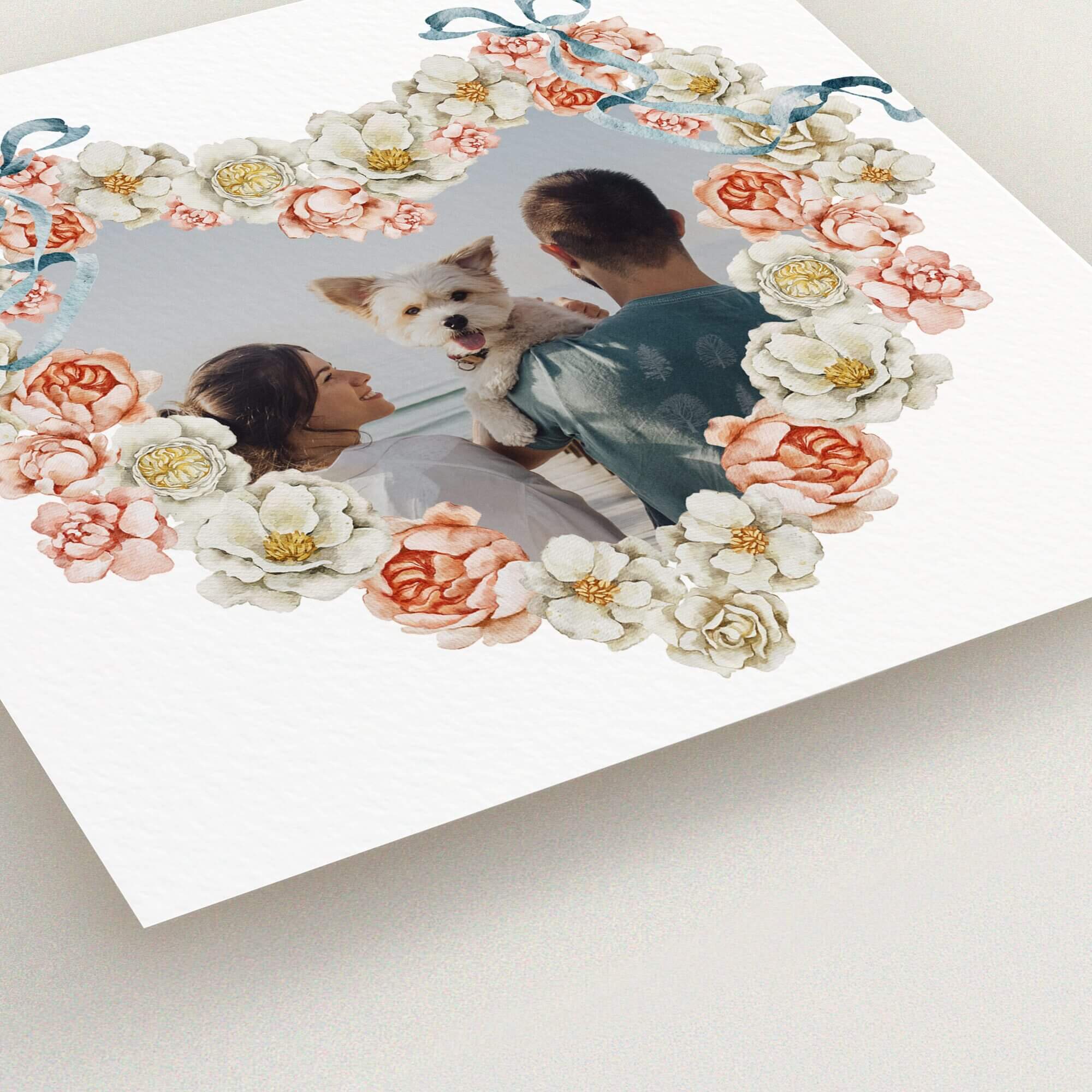 Heart-shaped floral wedding save the date card with one photo featuring a couple and a dog