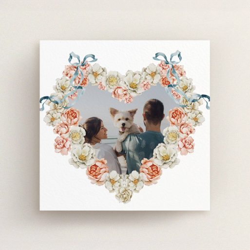 Heart-shaped floral wedding save the date card with one photo featuring a couple and a dog