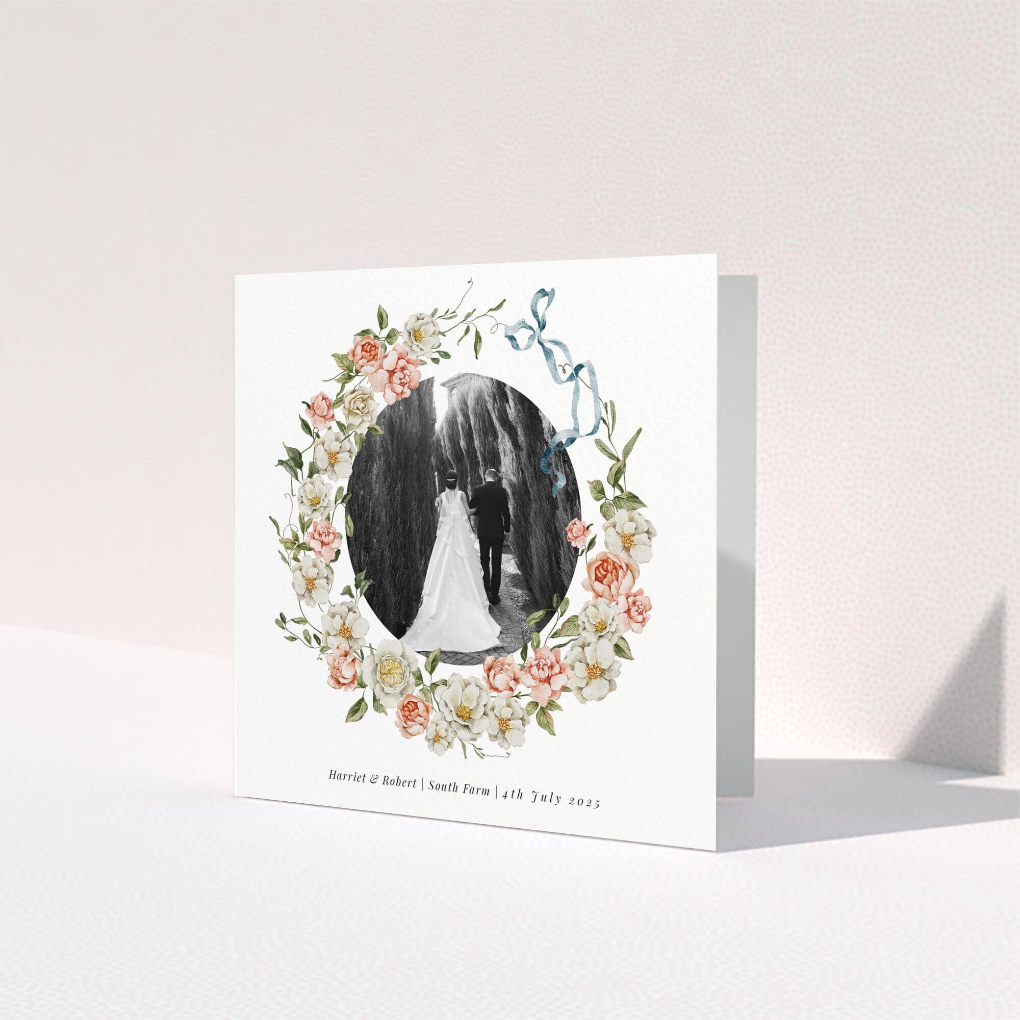 Elegant floral wedding thank you card design featuring one black and white photo.