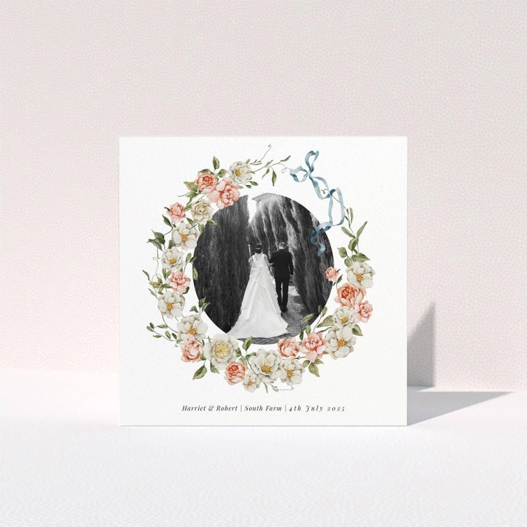 Elegant floral wedding thank you card design featuring one black and white photo.