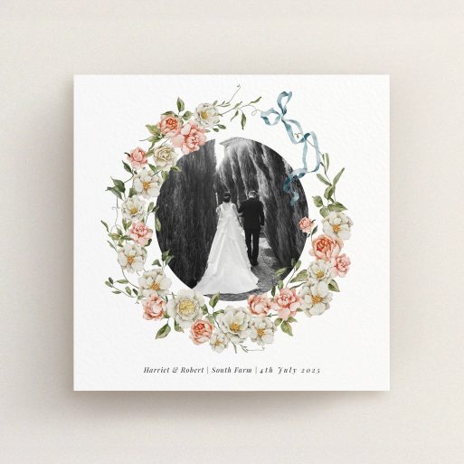 Elegant floral wedding thank you card design featuring one black and white photo.
