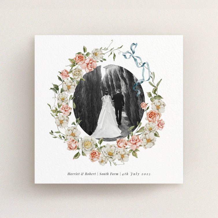 Elegant floral wedding thank you card design featuring one black and white photo.