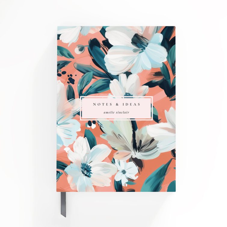 Floral design notebook cover spread with two placeholder photos, ideal for personalised stationery.