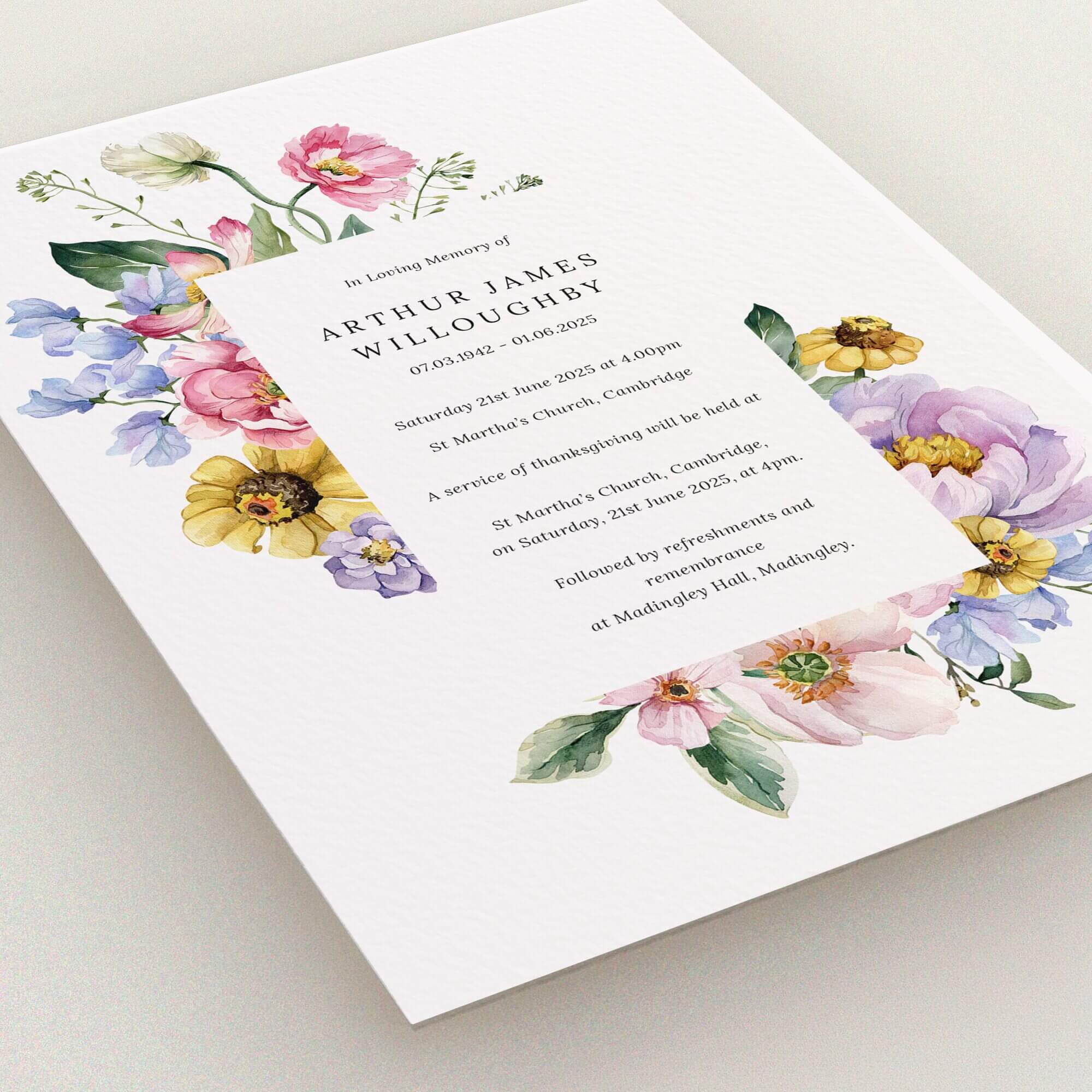 Floral funeral announcement card with colourful flower design and event details, features no photos.