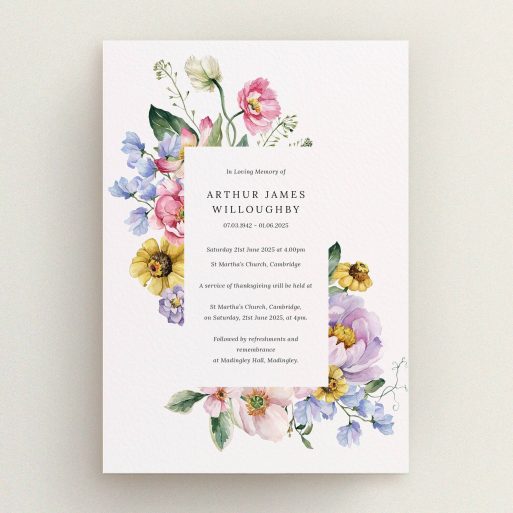 Floral funeral announcement card with colourful flower design and event details, features no photos.