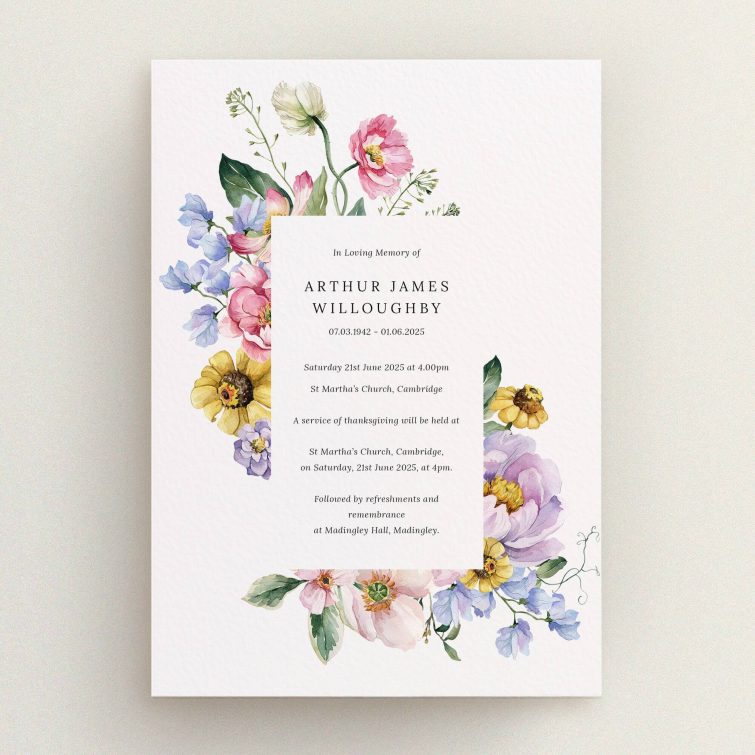 Floral funeral announcement card with colourful flower design and event details, features no photos.