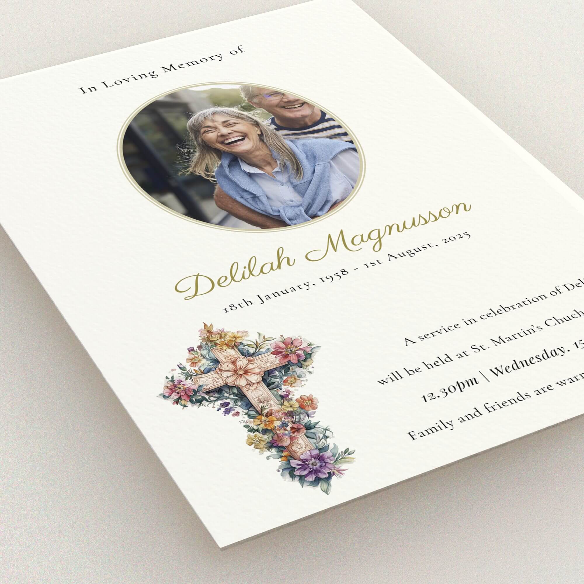Funeral announcement card design with floral cross and one photo placeholder.