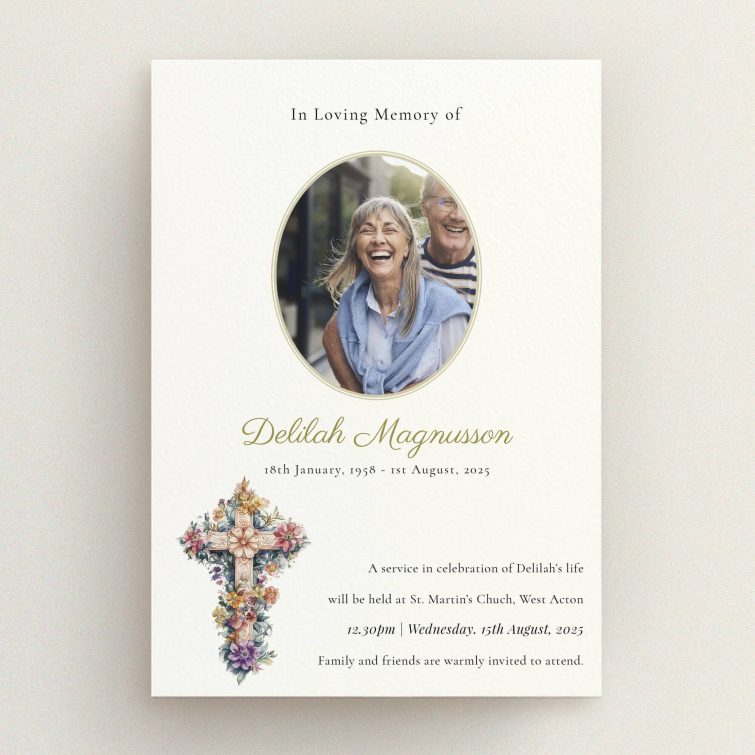 Funeral announcement card design with floral cross and one photo placeholder.