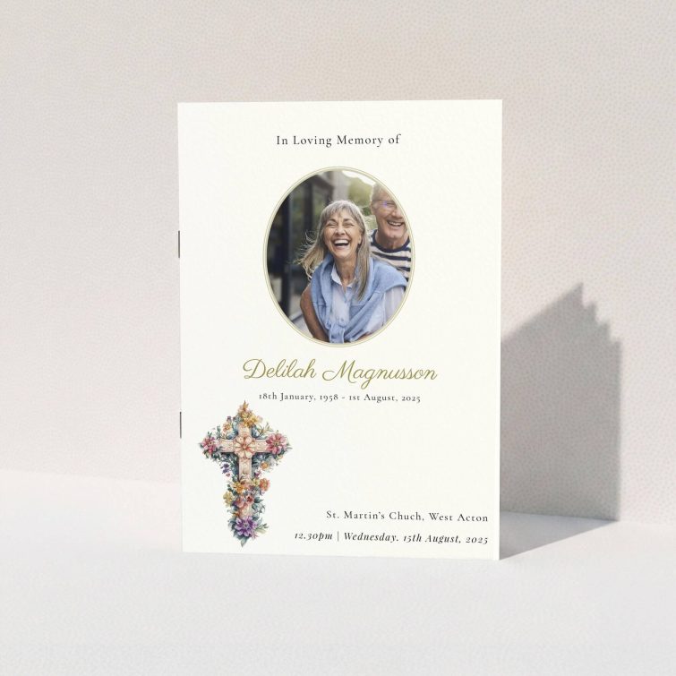 Funeral order of service program design with one photo and floral cross illustration.