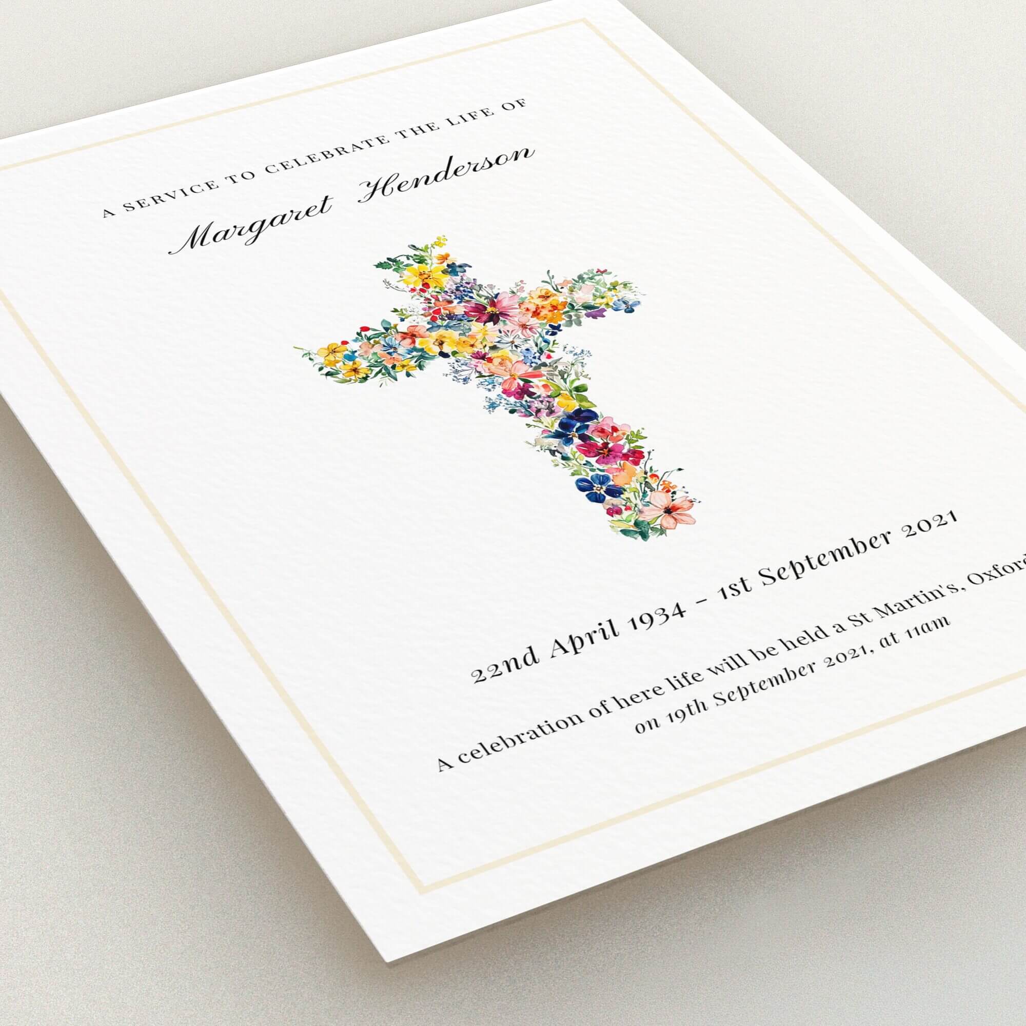 Floral cross design funeral announcement with one photo on white background.