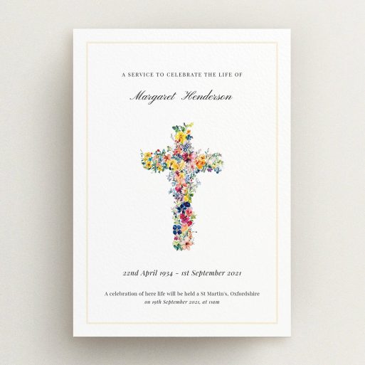 Floral Cross Announcement Floral cross design funeral announcement with one photo on white background.