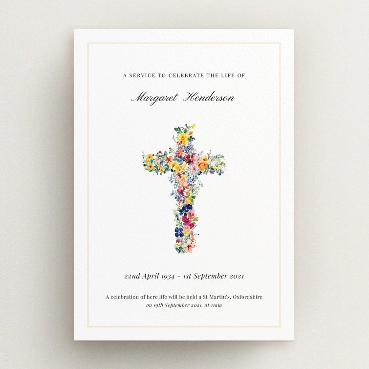 Floral cross design funeral announcement with one photo on white background.