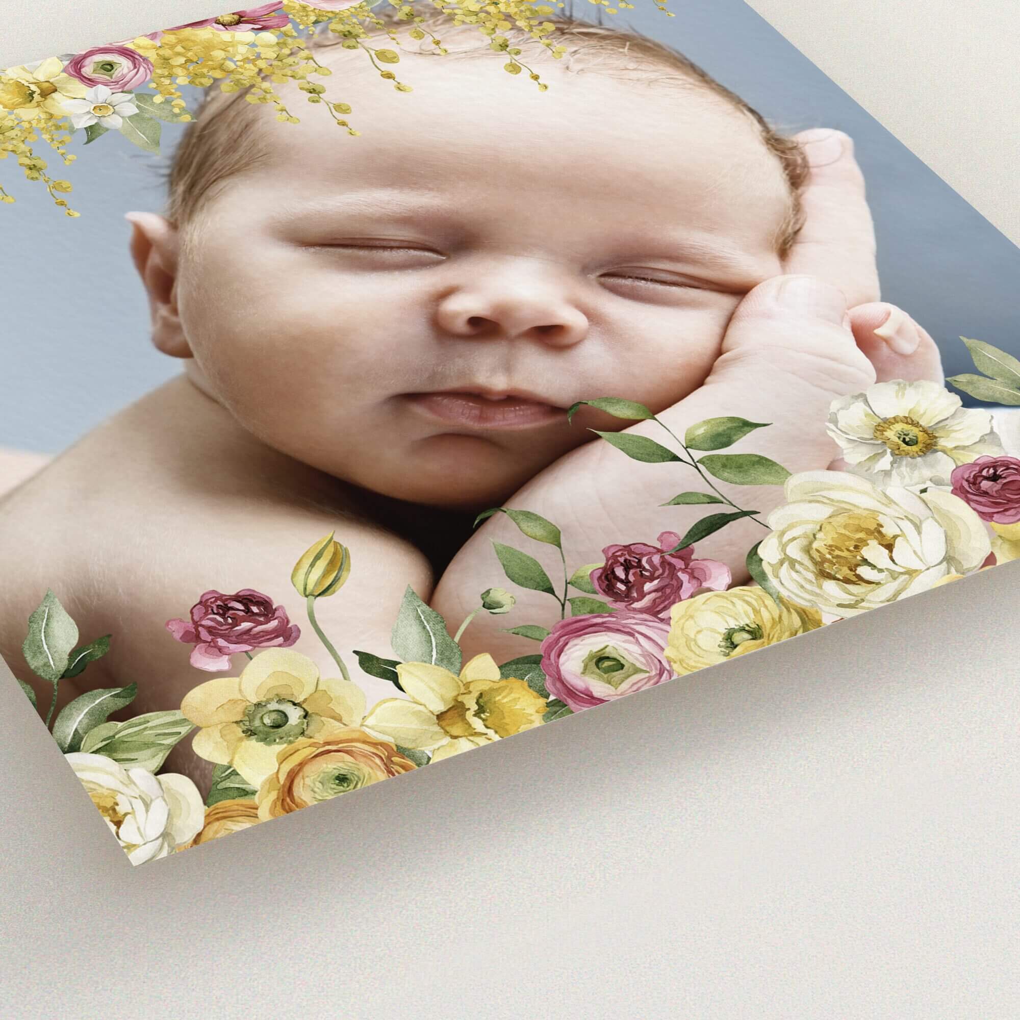 Floral christening invitation design featuring a sleeping baby and pastel flowers