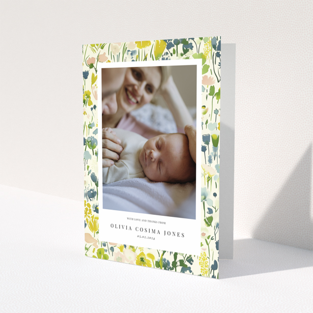 Baby thank you card with floral border and one photo