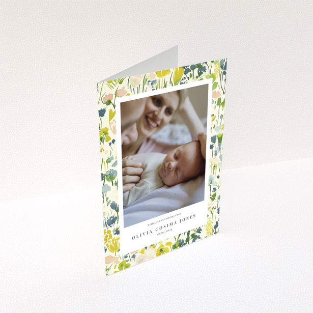 Baby thank you card with floral border and one photo