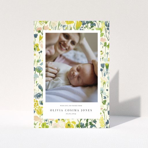 Baby thank you card with floral border and one photo