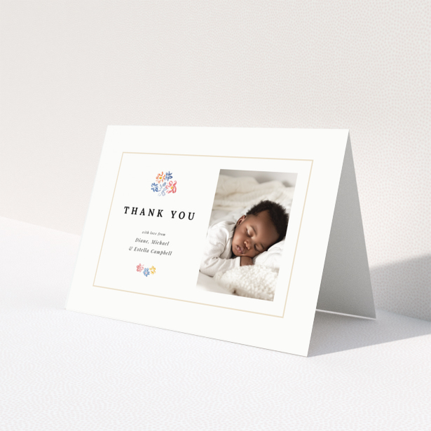 Baby thank you card with floral design and one photo