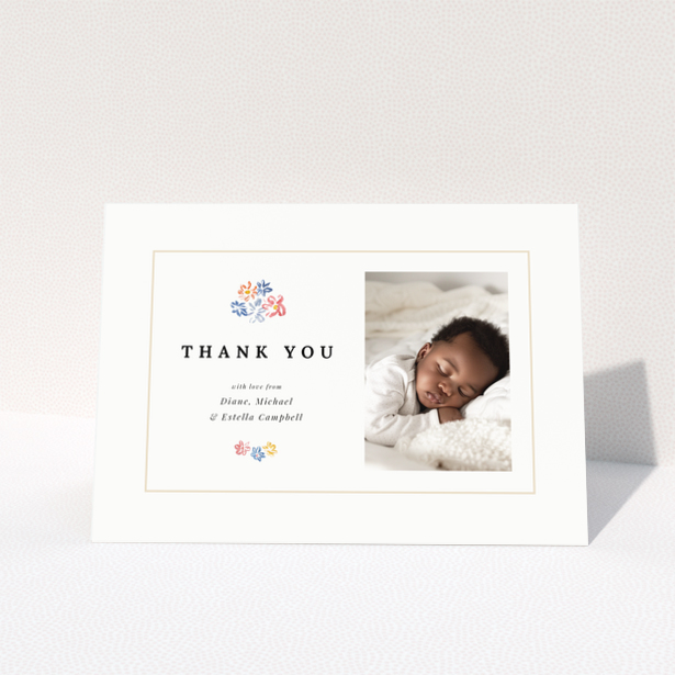 Baby thank you card with floral design and one photo