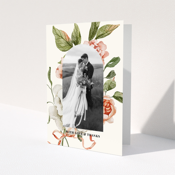 Wedding thank you card with floral design and one photo