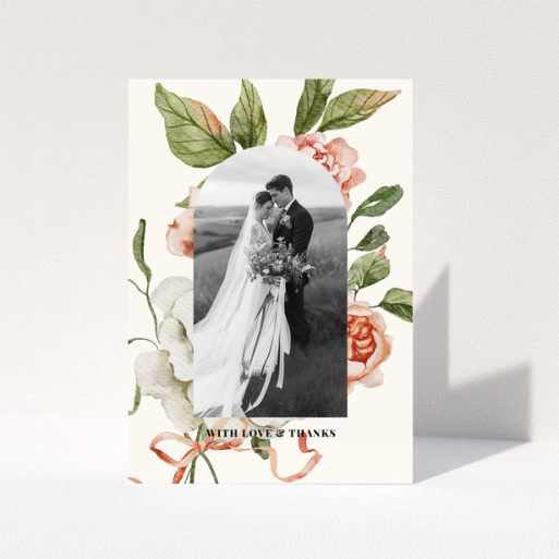 Wedding thank you card with floral design and one photo