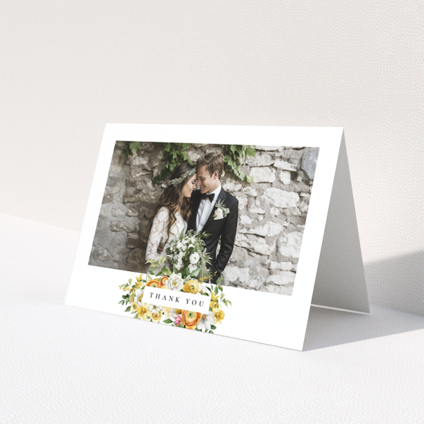 Wedding thank you card design with one photo of a newly-wed couple.