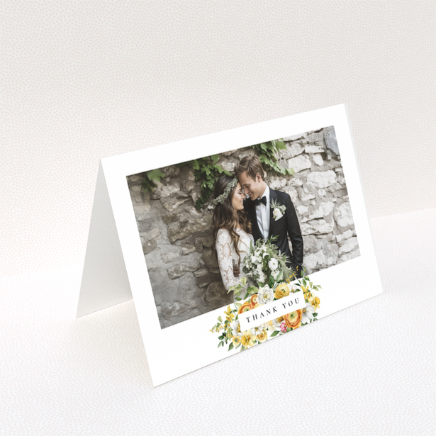 Wedding thank you card design with one photo of a newly-wed couple.