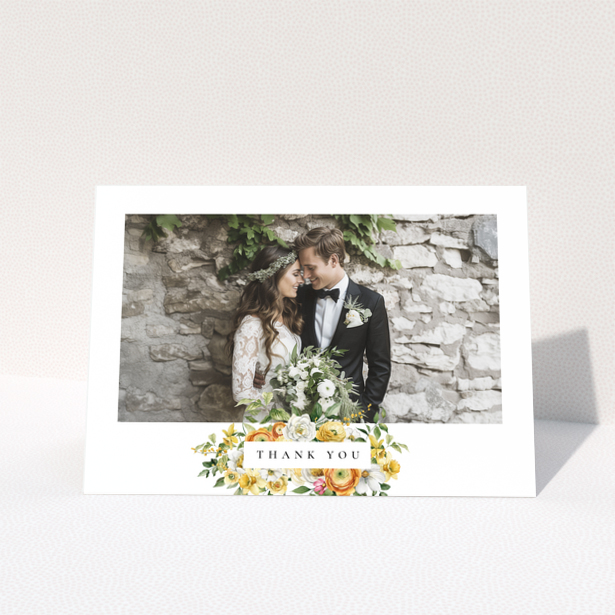 Wedding thank you card design with one photo of a newly-wed couple.