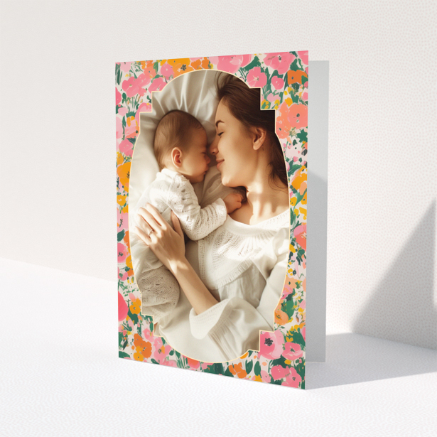 Baby thank you card with floral border and one photo