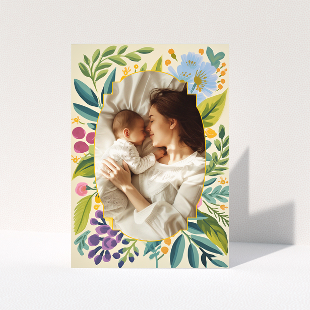 Floral illustrated baby thank you card with one photo.