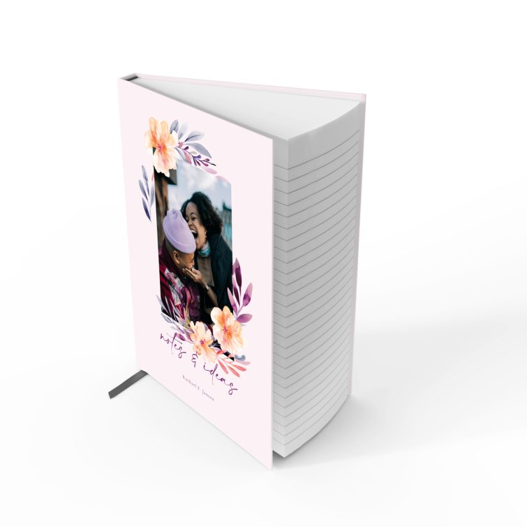 Floral design portrait notebook cover with one photo for personalisation by Utterly Printable.