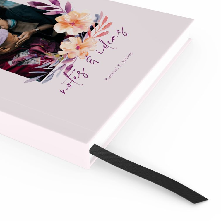 Floral design portrait notebook cover with one photo for personalisation by Utterly Printable.